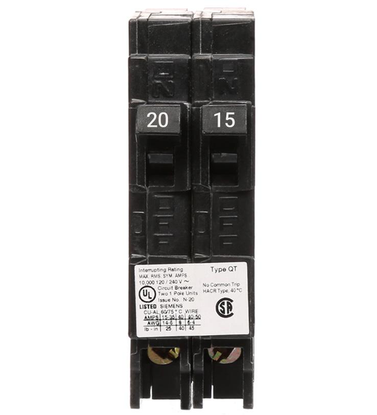 Q2015NC - Siemens Space Saver Tandem 20/15 Amp Single Pole Non-Current Limiting Circuit Breaker