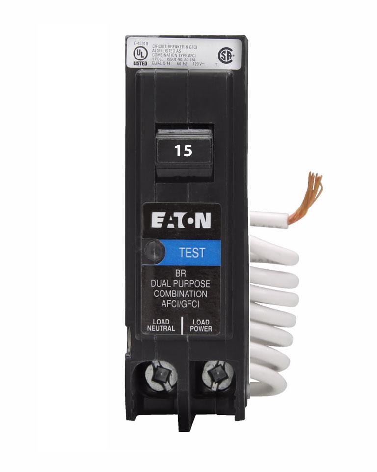 Lot Of 10 Eaton BRLAFGF115 Circuit Breakers – 15 Amp, 1 Pole, Dual AFCI/GFCI, 120V