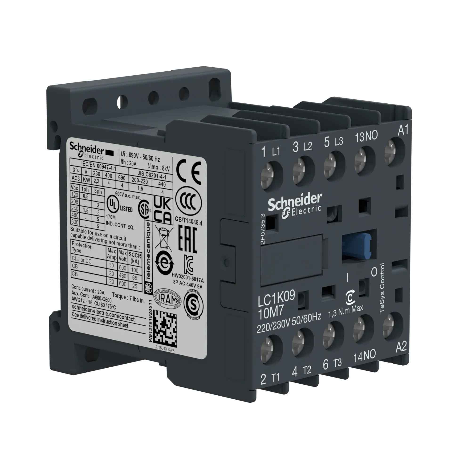 Contacteur LC1K0910M7 32A 220VAC - Bobine 50/60Hz, Trois Niveaux, Charge 2.2kW/4kW, 1NO - 10