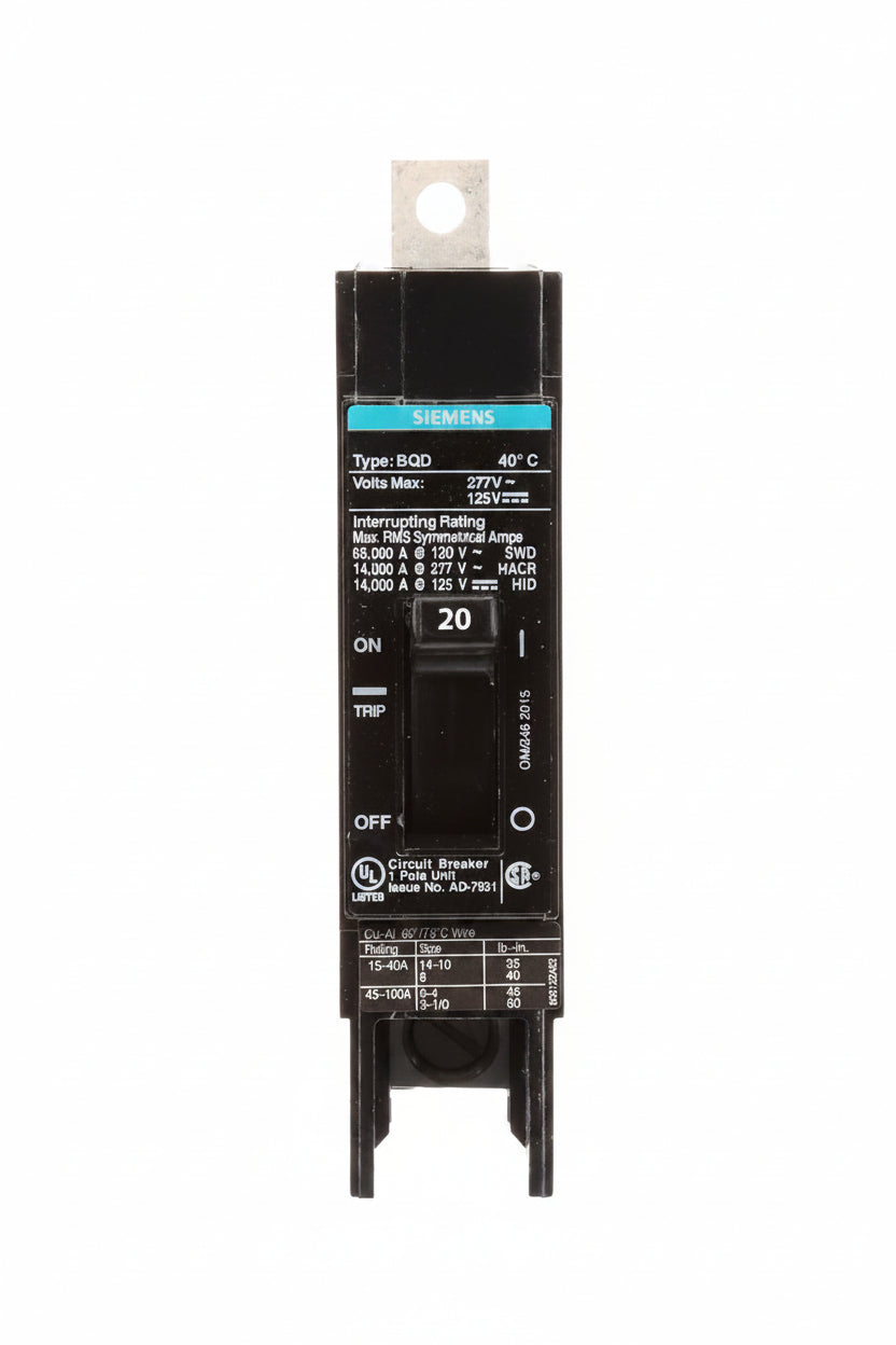 BQD120 - Siemens 20 Amp 1 Pole 277 Volt Bolt On Molded Case Circuit Breaker