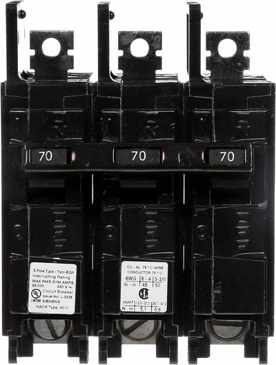 BQ3B070H - Siemens 70 Amp 3 Pole 240 Volt Bolt-On Molded Case Circuit Breaker