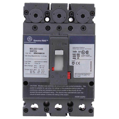 SEDA36AN0100 - GE 100 Amp 3 Pole 600 Volt Bolt-On Molded Case Circuit Breaker