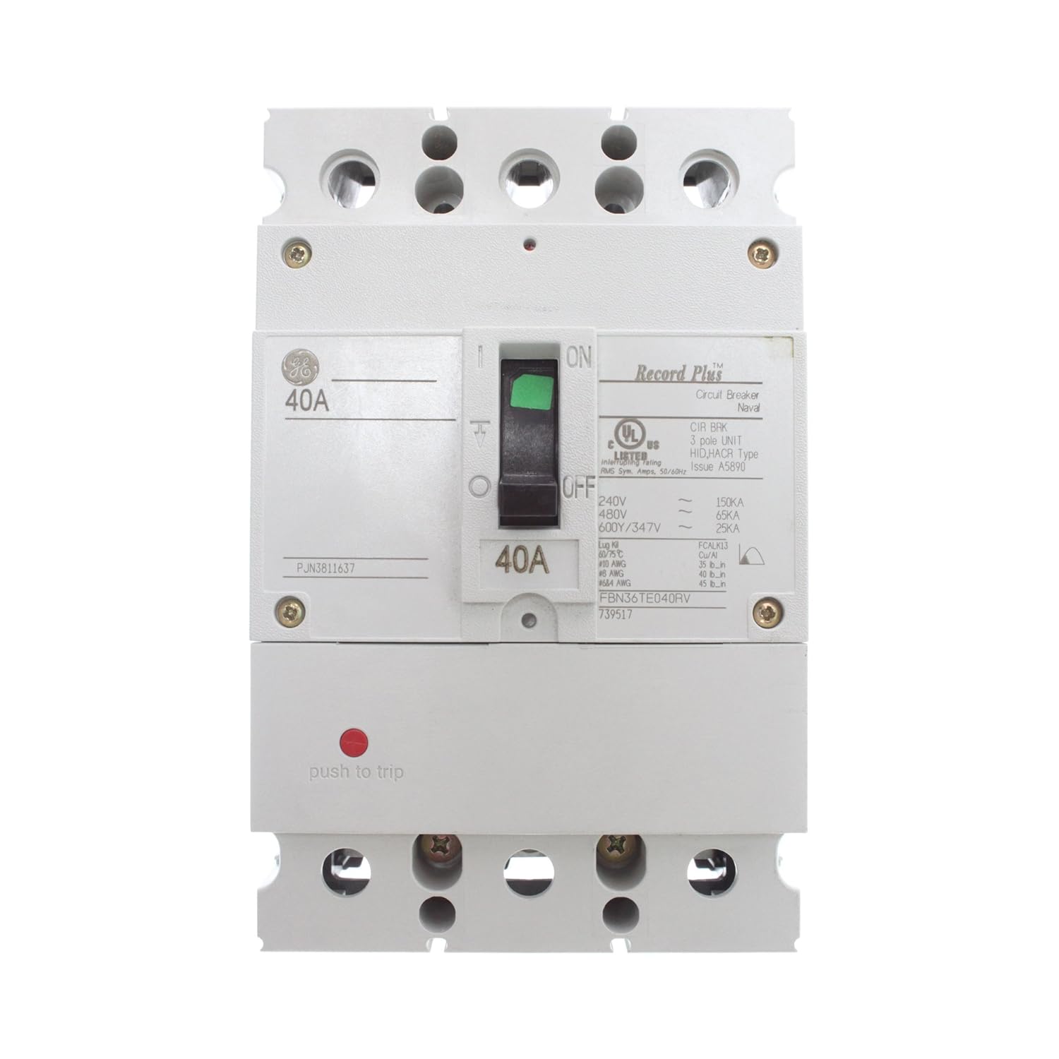 FBN36TE040RV - GE 40 Amp 3 Pole 600 Volt Bolt-On Molded Case Circuit Breaker