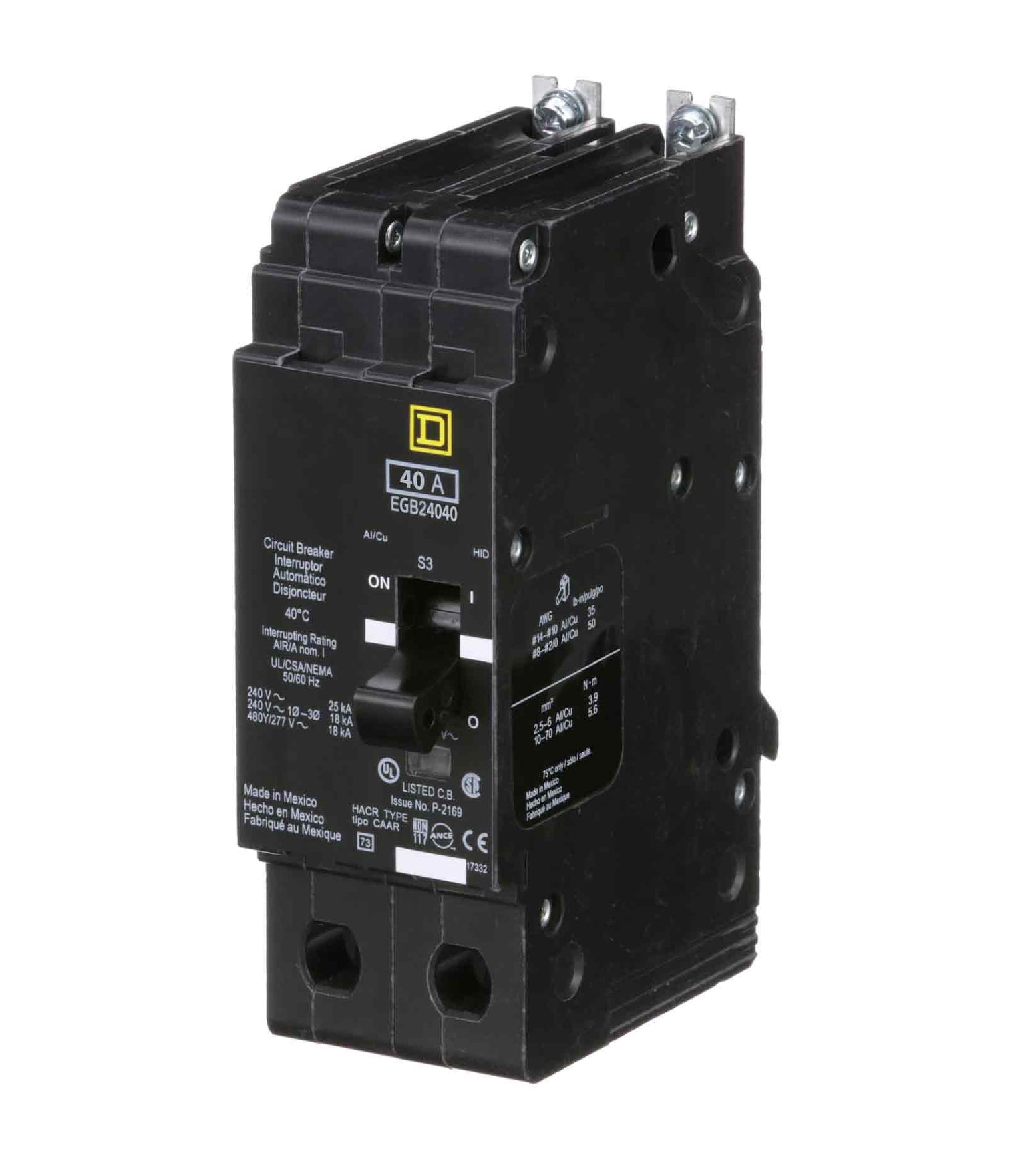 EGB24040 - Square D 40 Amp 2 Pole 480 Volt Bolt-On Molded Case Circuit Breaker