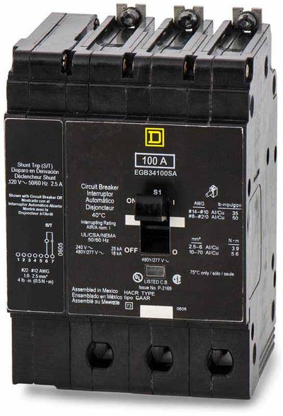 EJB36100SA - Square D 100 Amp 3 Pole 600 Volt Molded Case Circuit Breaker
