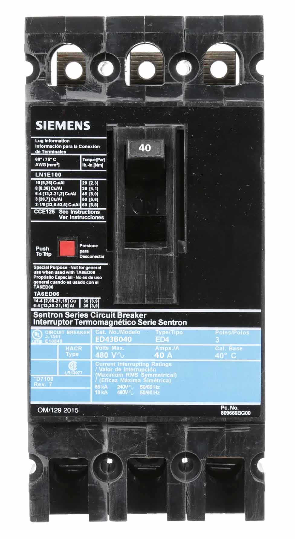 ED43B040L - Siemens 40 Amp 3 Pole 480 Volt Molded Case Circuit Breaker
