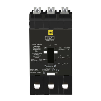 EDB34015 - Square D 15 Amp 3 Pole 480 Volt Bolt-On Molded Case Circuit Breaker