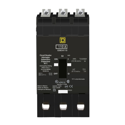 EDB34110 - Square D 110 Amp 3 Pole 480 Volt Bolt-On Molded Case Circuit Breaker