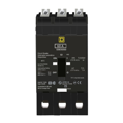 EDB36060 - Square D 60 Amp 3 Pole 600 Volt Bolt-On Molded Case Circuit Breaker