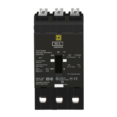 EDB36090 - Square D 90 Amp 3 Pole 600 Volt Bolt-On Molded Case Circuit Breaker