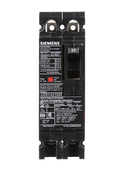 HED42B025L - Siemens 25 Amp 2 Pole 480 Volt Feed Thru Molded Case Circuit Breaker