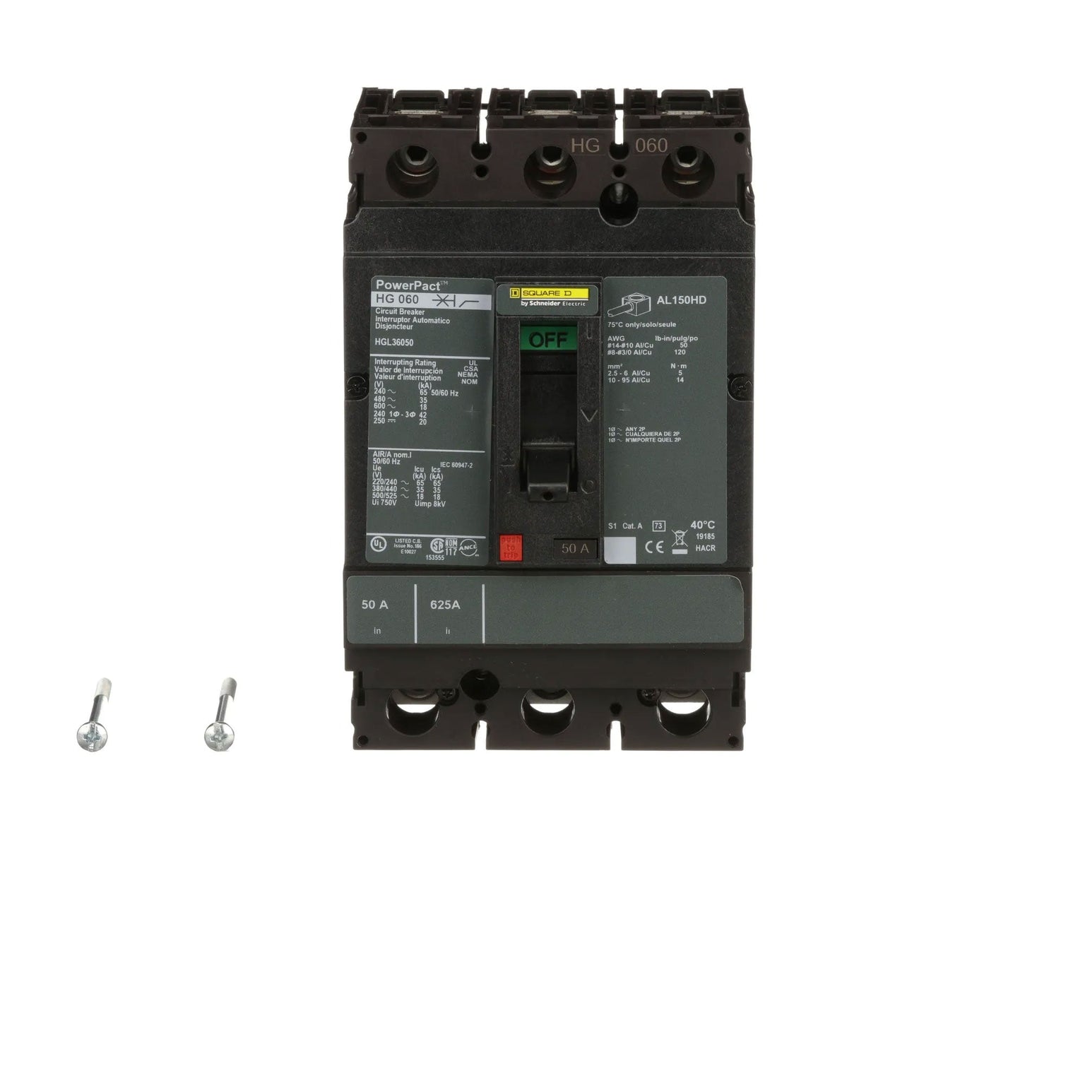 HGL36050 - Square D 50 Amp 3 Pole 600 Volt Molded Case Circuit Breaker