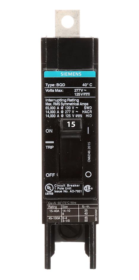 BQD115 - Siemens 15 Amp 1 Pole 277 Volt Bolt On Molded Case Circuit Breaker