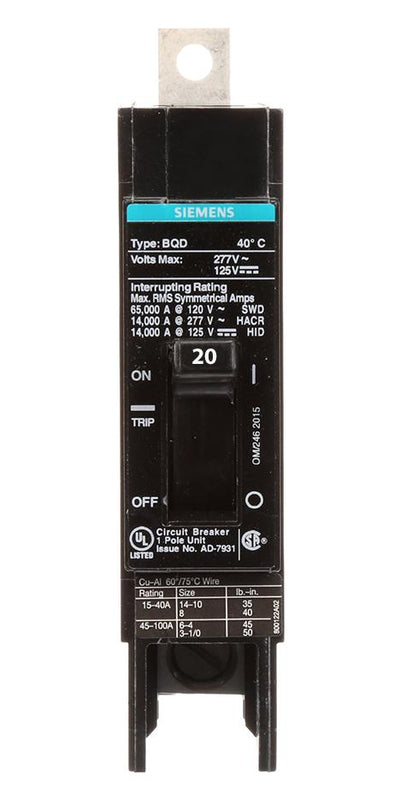 BQD120 - Siemens 20 Amp 1 Pole 277 Volt Bolt On Molded Case Circuit Breaker