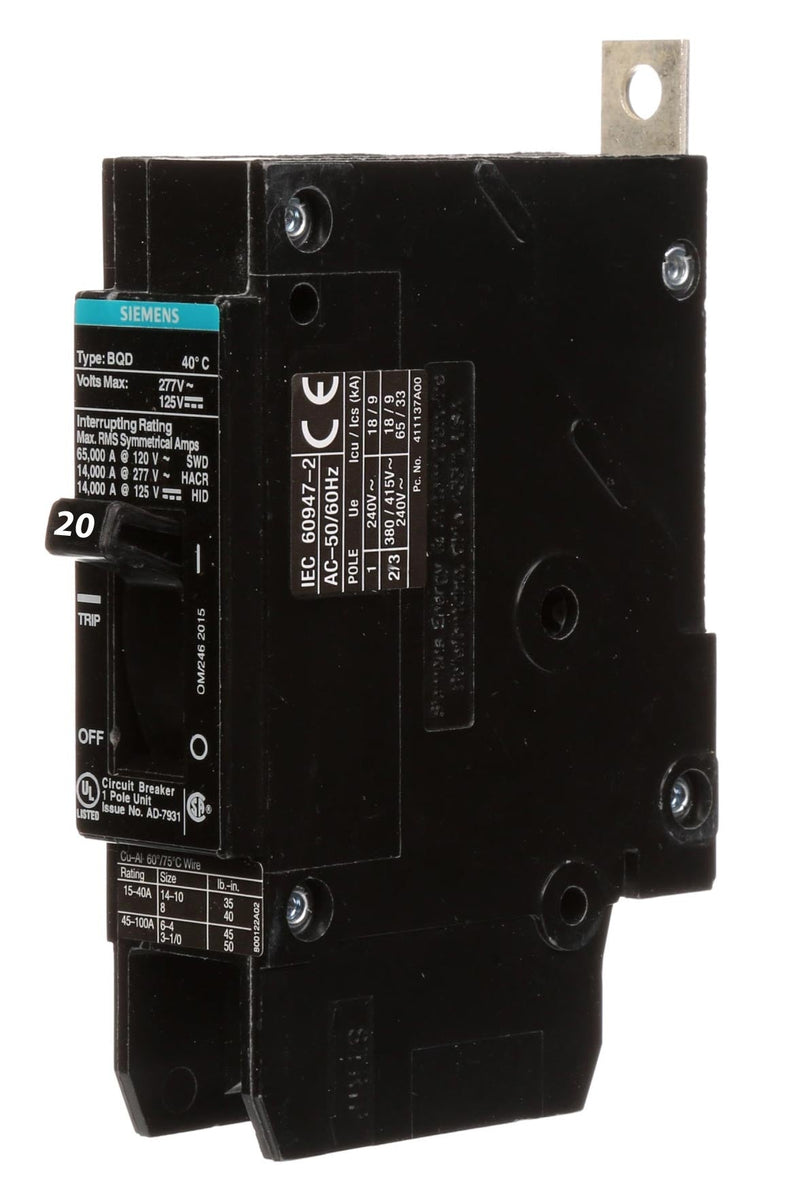 BQD120 - Siemens 20 Amp 1 Pole 277 Volt Bolt-On Molded Case Circuit Breaker