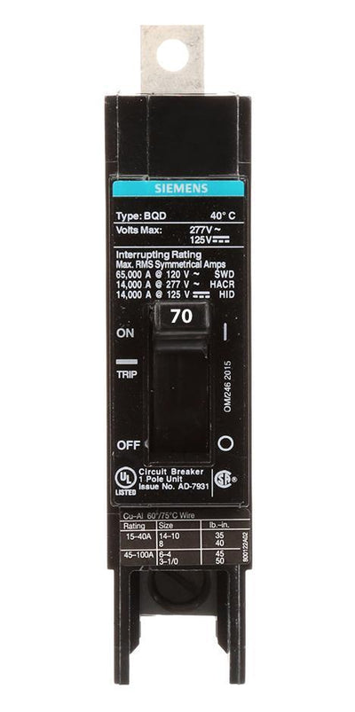 BQD170 - Siemens 70 Amp 1 Pole 277 Volt Bolt-On Molded Case Circuit Breaker