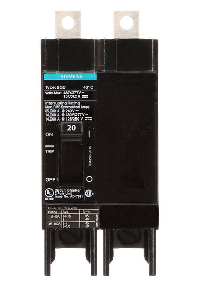 BQD220 - Siemens 20 Amp 2 Pole 480 Volt Bolt-On Molded Case Circuit Breaker