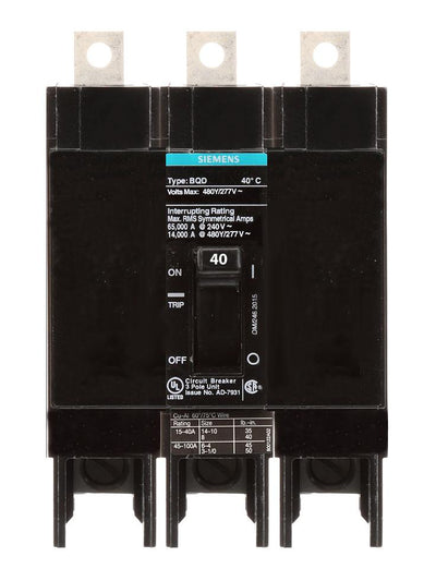 BQD340 - Siemens 40 Amp 3 Pole 480 Volt Bolt-On Molded Case Circuit Breaker