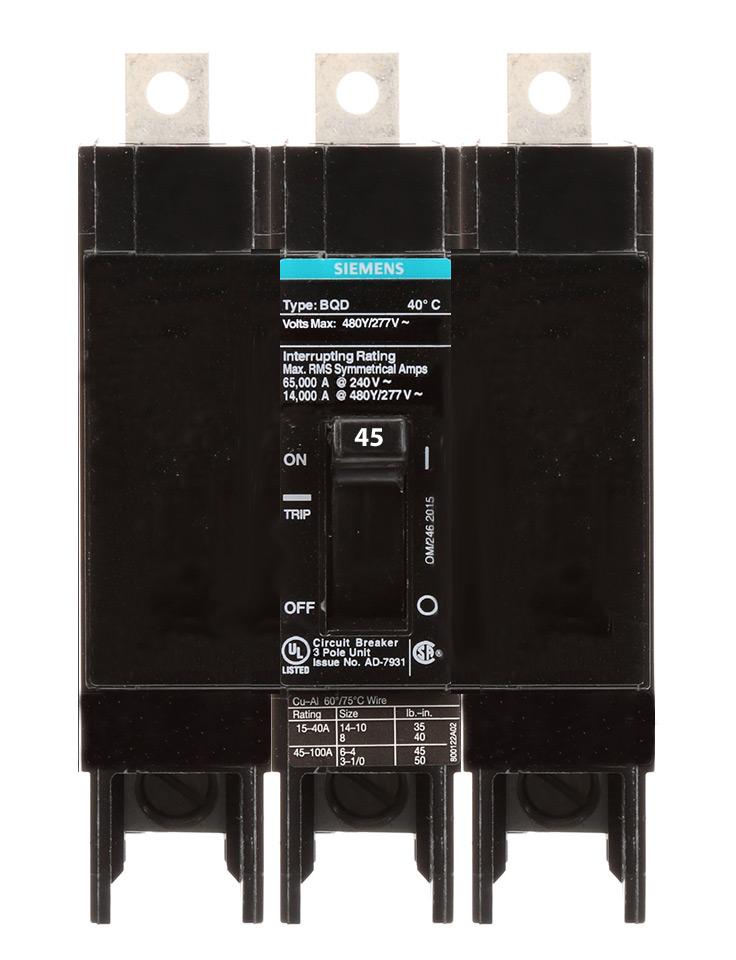 BQD345 - Siemens 45 Amp 3 Pole 480 Volt Bolt-On Molded Case Circuit Breaker