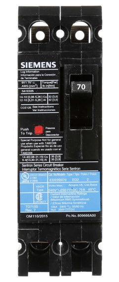 ED22B070 - Siemens 70 Amp 2 Pole 240 Volt Bolt-On Molded Case Circuit Breaker