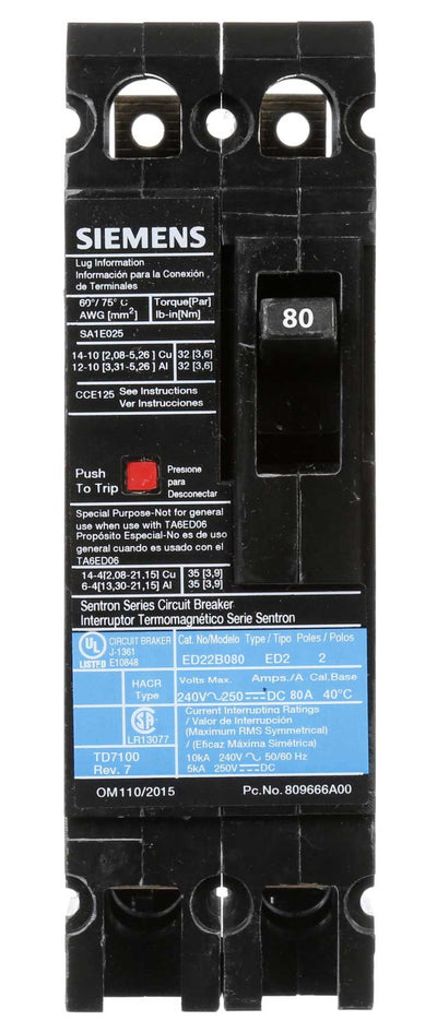 ED22B080 - Siemens 80 Amp 2 Pole 240 Volt Bolt-On Molded Case Circuit Breaker