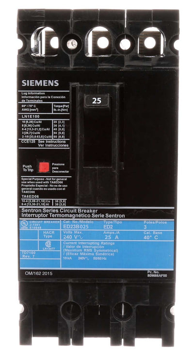 ED23B025L - Siemens 25 Amp 3 Pole 240 Volt Feed Thru Molded Case Circuit Breaker