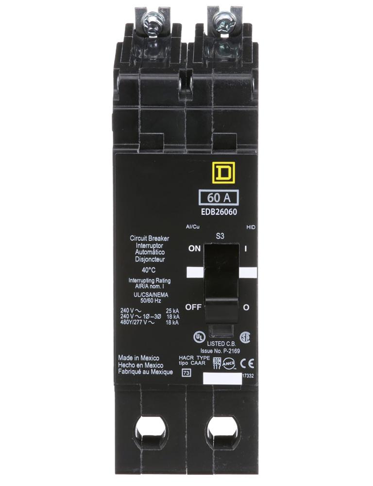 EDB26060 - Square D 60 Amp 2 Pole 600 Volt Bolt-On Molded Case Circuit Breaker