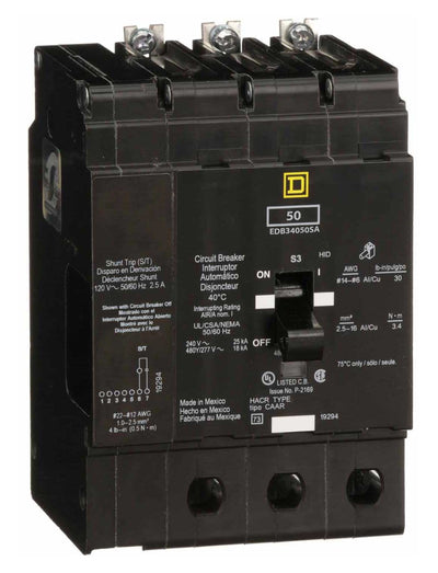EDB34050SA - Square D 50 Amp 3 Pole 480 Volt Molded Case Circuit Breaker
