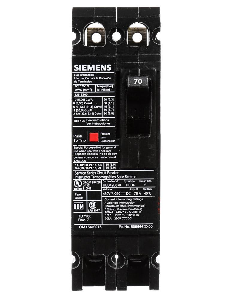HED42B070L - Siemens 70 Amp 2 Pole 480 Volt Feed Thru Molded Case Circuit Breaker