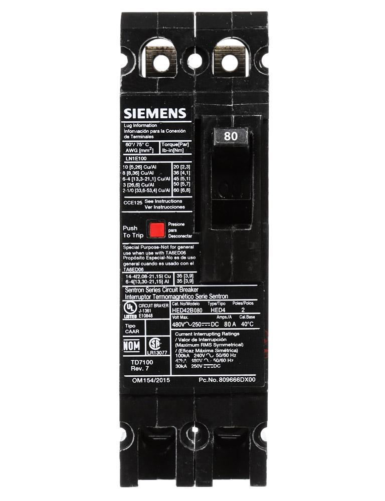 HED42B080 - Siemens 80 Amp 2 Pole 480 Volt Feed Thru Molded Case Circuit Breaker