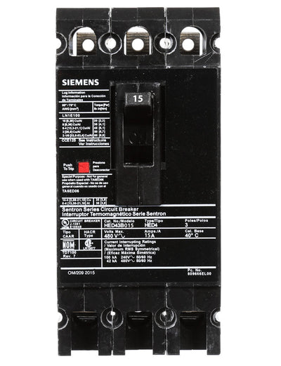 HED43B015L - Siemens 15 Amp 3 Pole 480 Volt Feed Thru Low Voltage Fuse