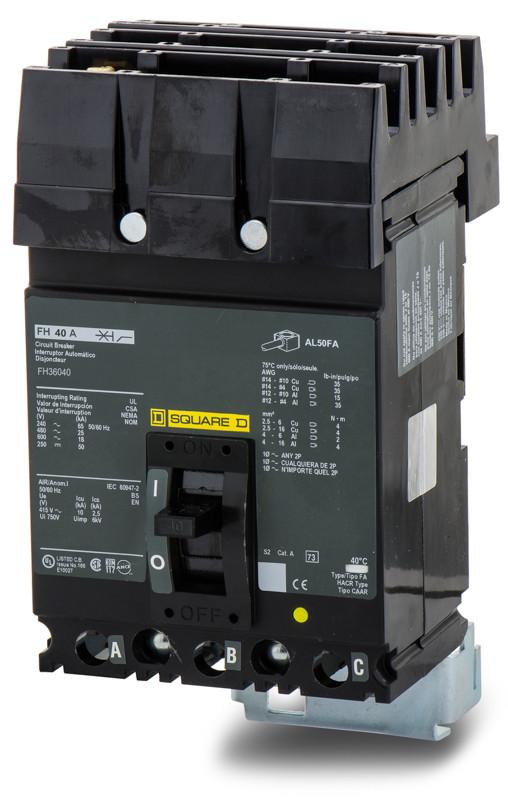 FH36040 - Square D 40 Amp 3 Pole 600 Volt Molded Case Circuit Breaker
