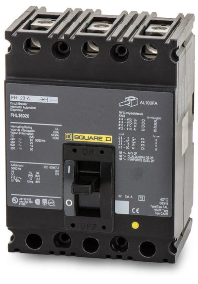 FHL36020 - Square D 20 Amp 3 Pole 600 Volt Lug Molded Case Circuit Breaker