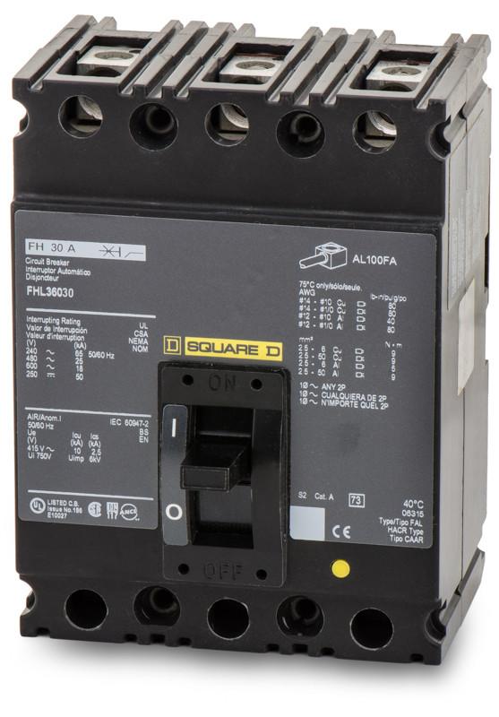 FHL36030 - Square D 30 Amp 3 Pole 600 Volt Lug Molded Case Circuit Breaker