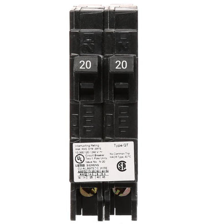 Q2020 - Siemens Tandem 20/20 Amp Single Pole Non-Current Limiting Circuit Breaker