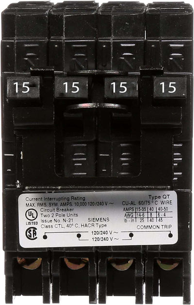 Q21515CT - Siemens 15 Amp 2 Pole 240 Volt Plug-In Molded Case Circuit Breaker